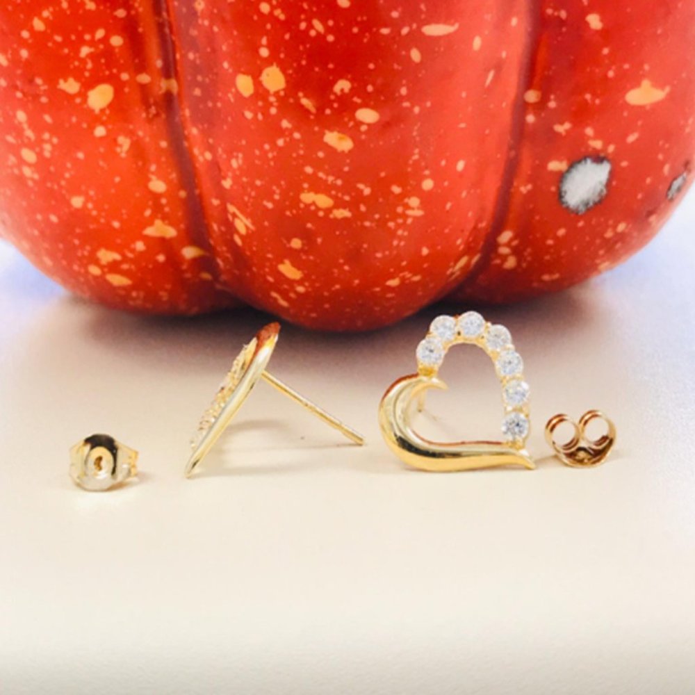10k Real Yellow Gold Heart Stud Earrings Women CZ, Push Back Gold Heart Earrings